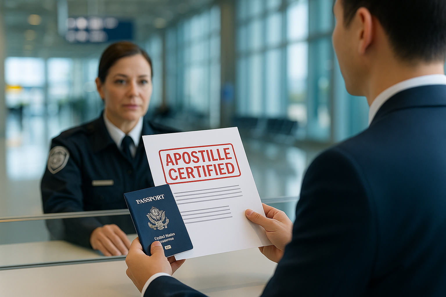 A professional traveler at an airport showing certified documents at an immigration counter.