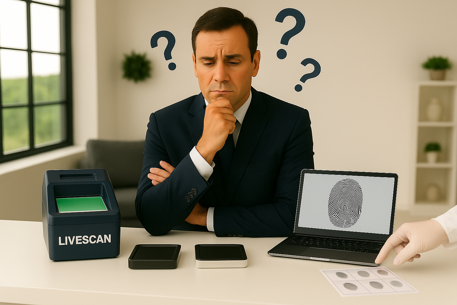 Confused professional man sitting at a desk with a live scan fingerprinting machine, ink pads, and a