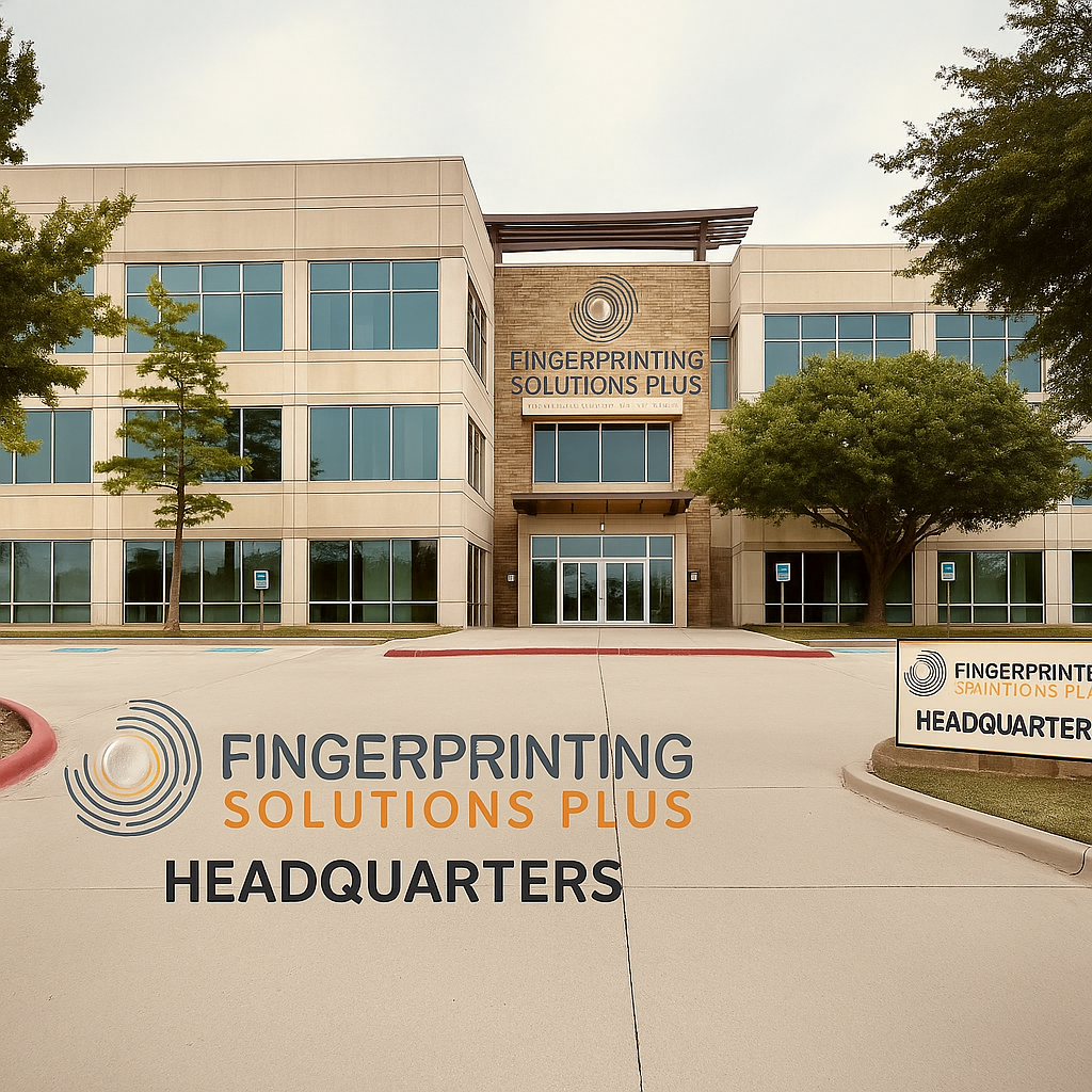 A large building with a sign that says fingerprinting solutions plus headquarters