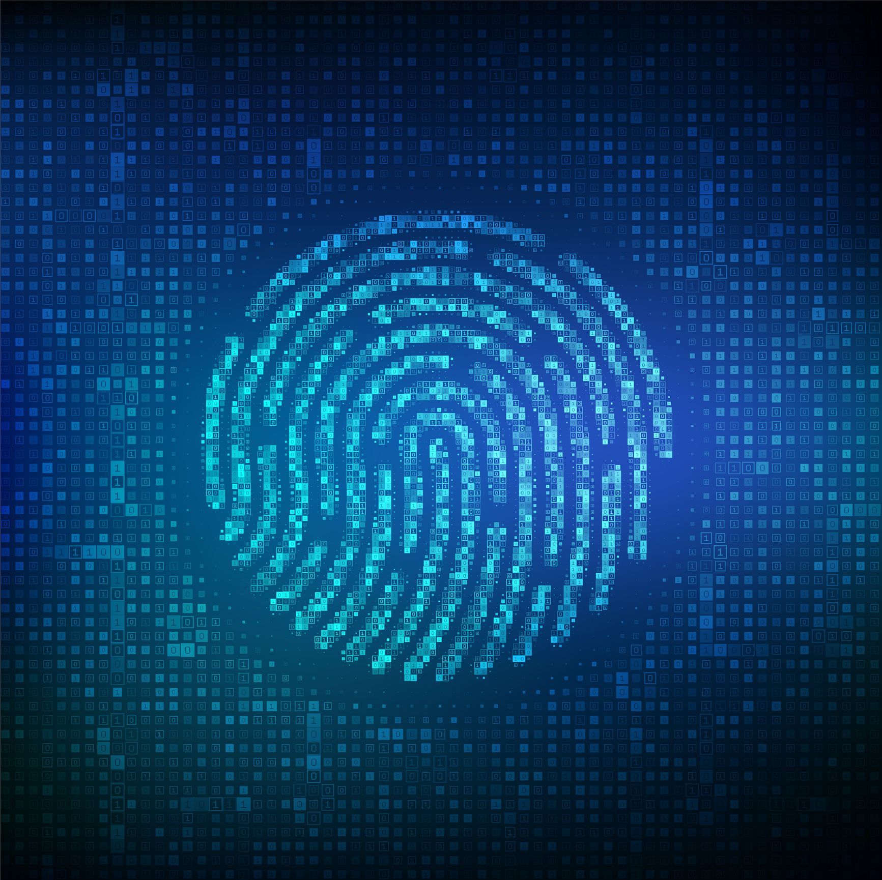 A fingerprint made of binary code on a blue background.