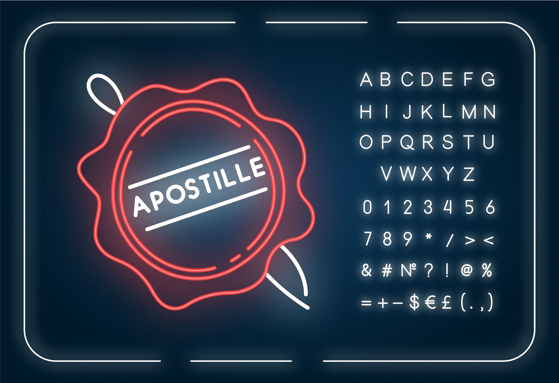 A neon glowing seal with the word apostille on it