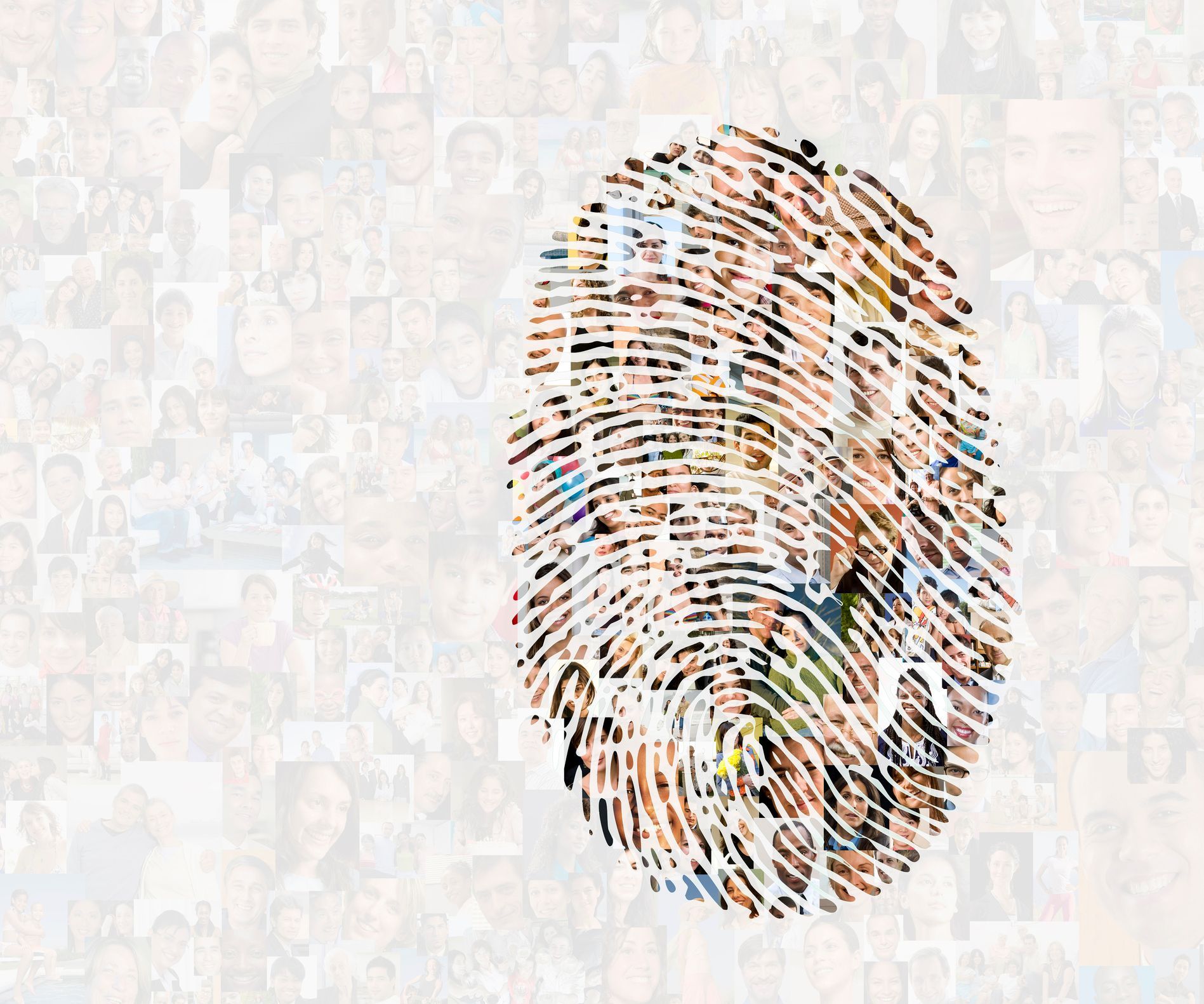 A fingerprint is surrounded by a crowd of people on a white background.