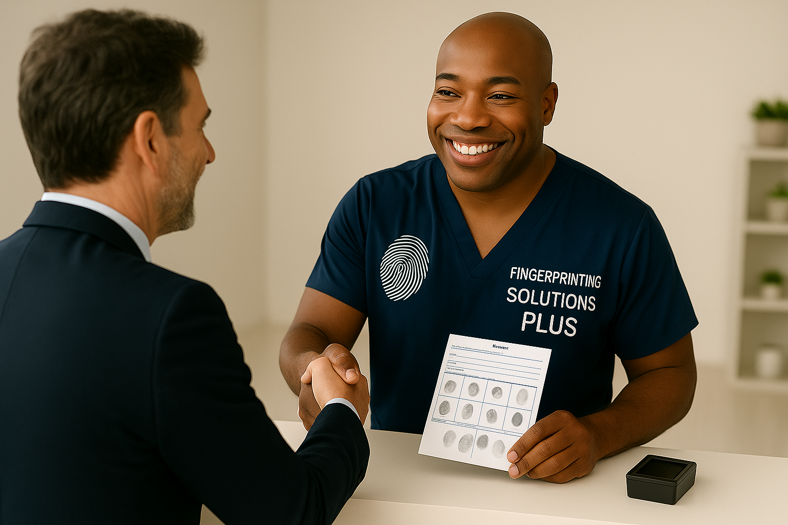 Smiling client with fingerprinting card completed by Fingerprinting Solutions Plus.