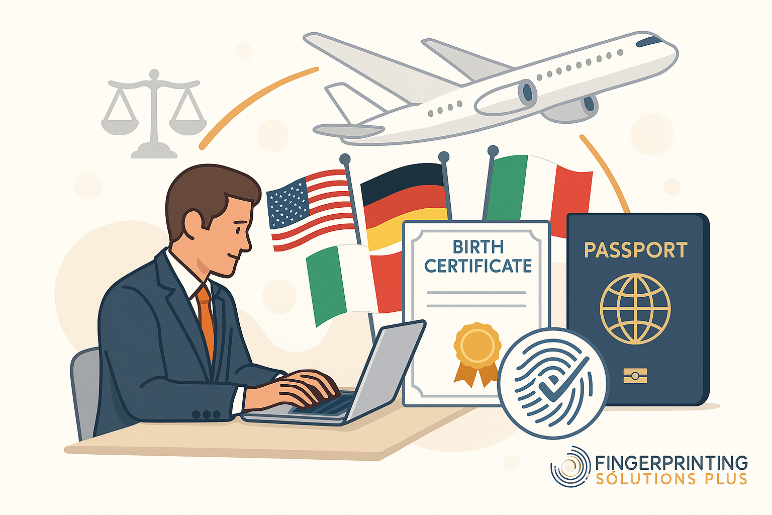 Illustration of an attorney at a desk with a laptop, surrounded by international flags, a birth cert