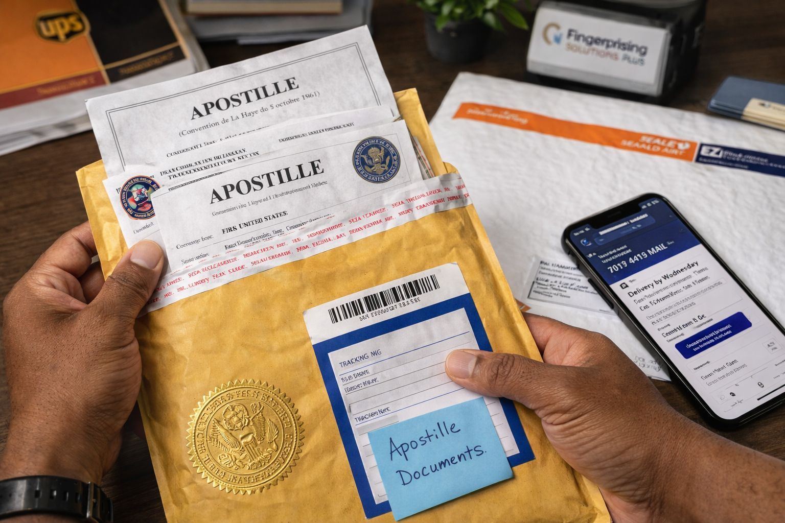 Apostille documents are being securely packaged with tracked shipping, showing delivery confirmation and tracking details