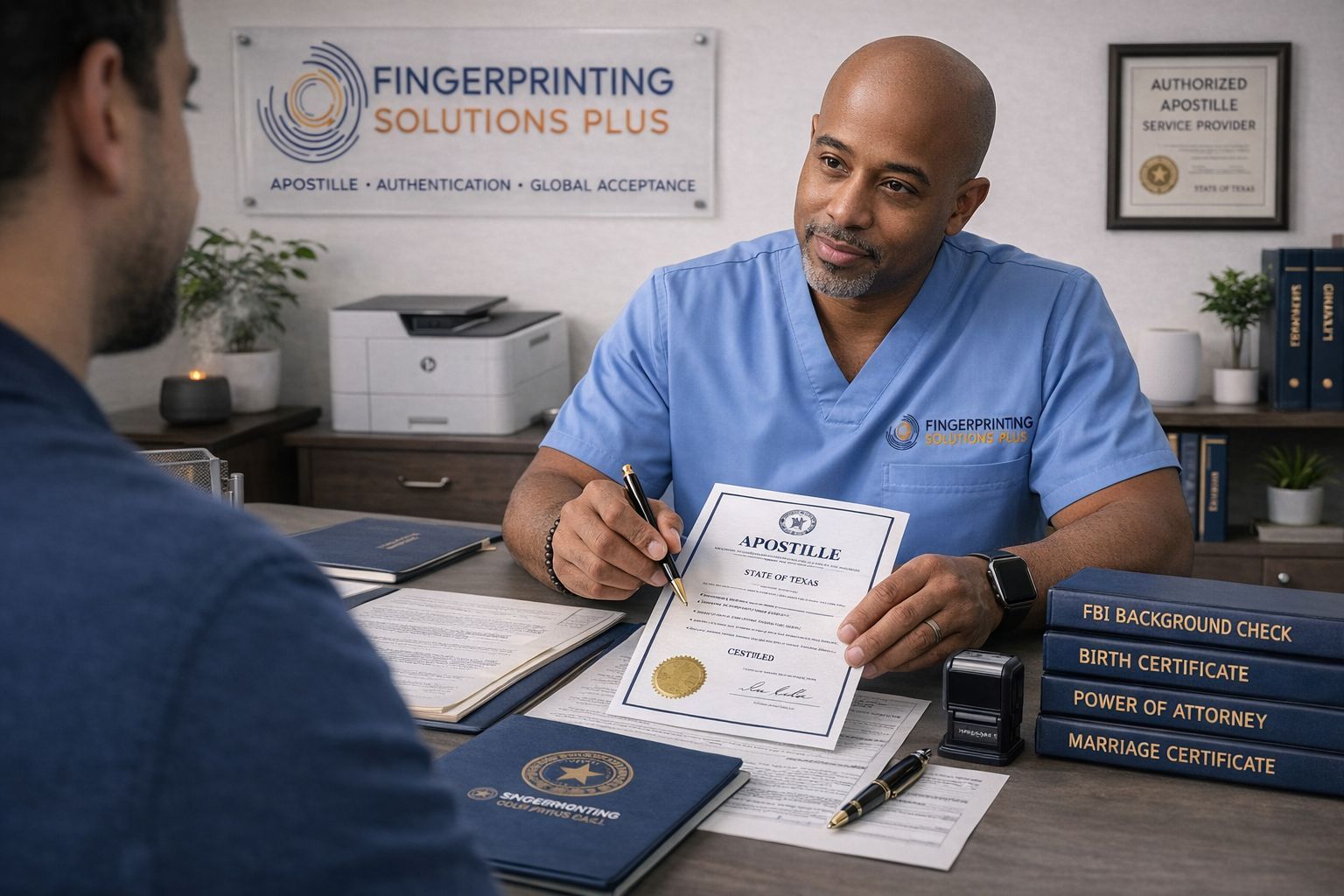 Apostille expert explaining state and FBI document processing to a client in the Frisco, Texas office
