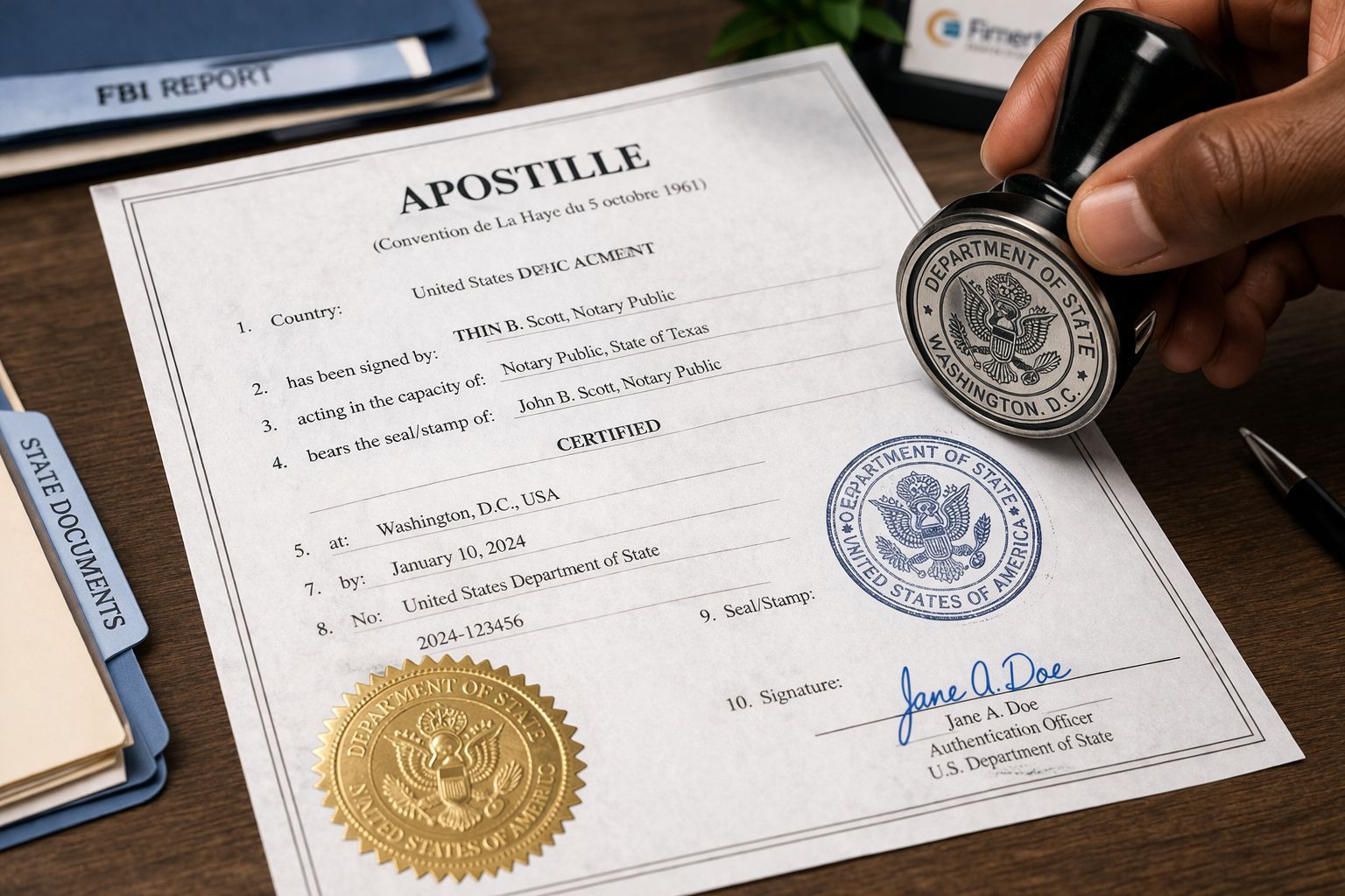 Close-up of apostille certificates with FBI background check documents showing official seals and certification
