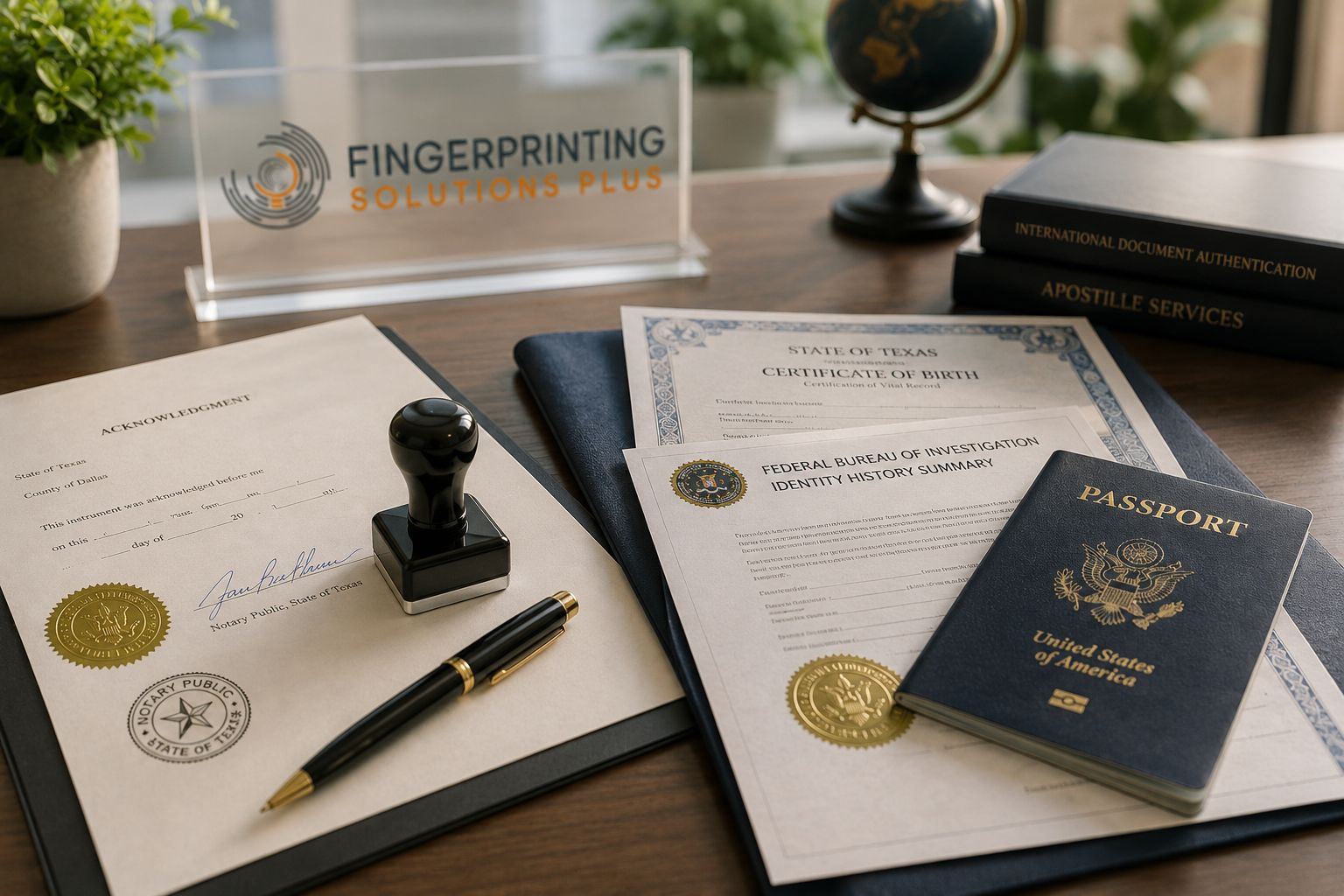 Hands holding a certificate beside an FBI document, passport, pen, and plant on a desk.