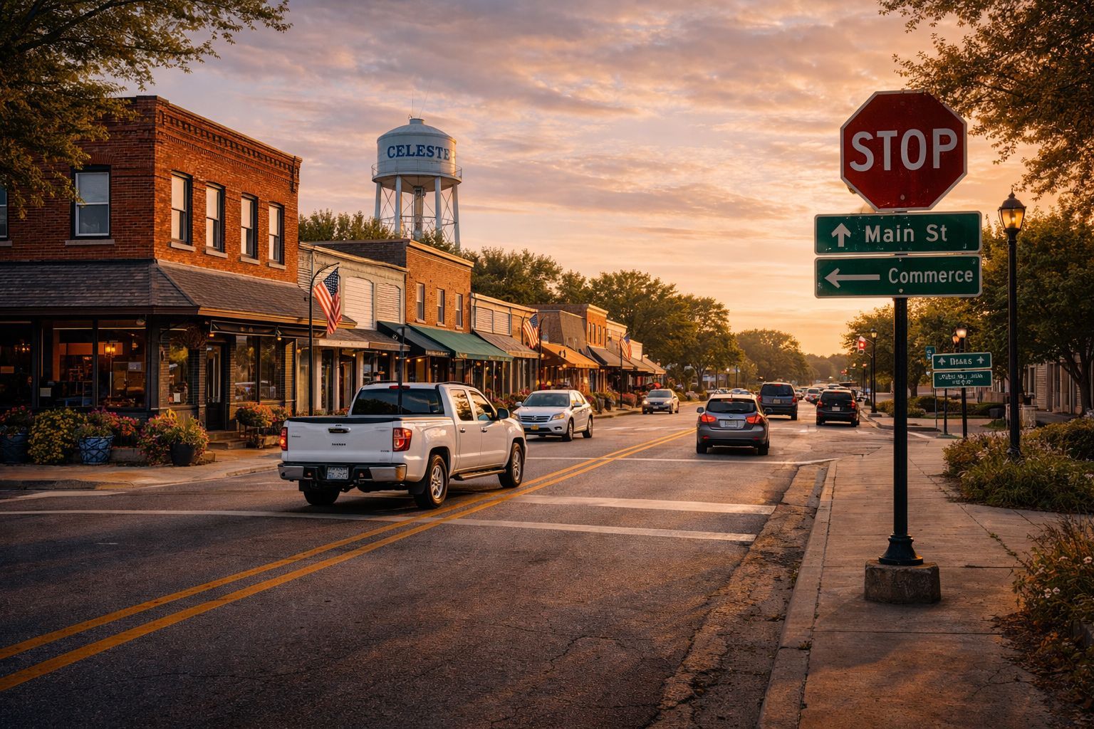 Active main street in Celeste, T,X with vehicles,a  stop sign, and local storefronts showing real town activity