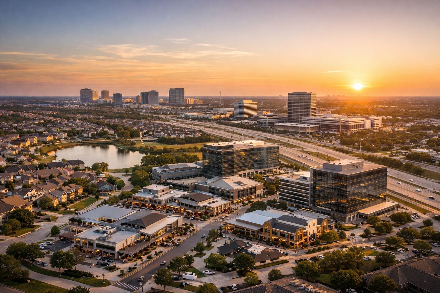 Aerial view of Collin County, Texas, showing Frisco, Plano,o and McKinney business and residential areas at sunset