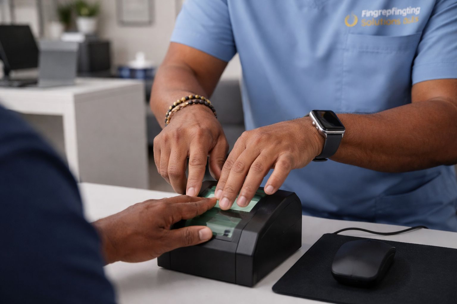 Technician capturing fingerprints using live scan in Frisco, TX