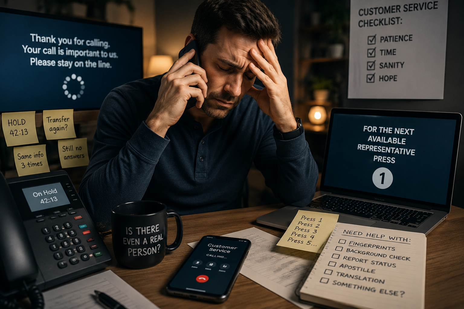 Emotionally exhausted client frustrated while navigating automated customer service systems and long hold times