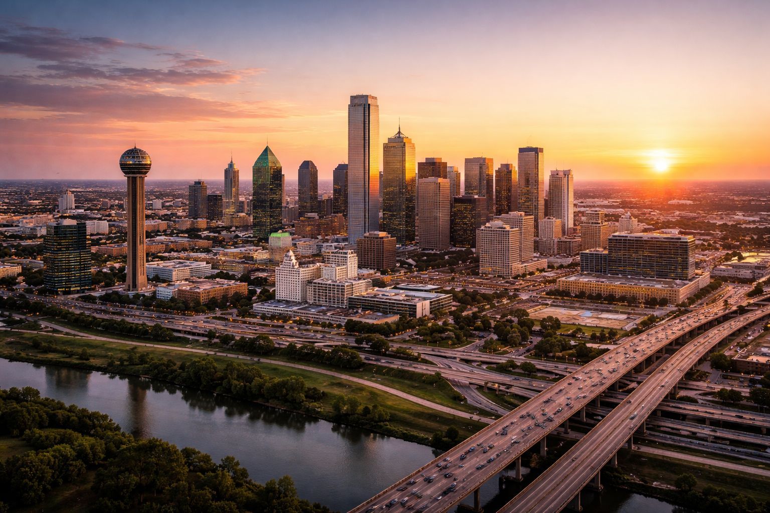 Downtown Dallas skyline showing business district and urban development in Dallas County, TX