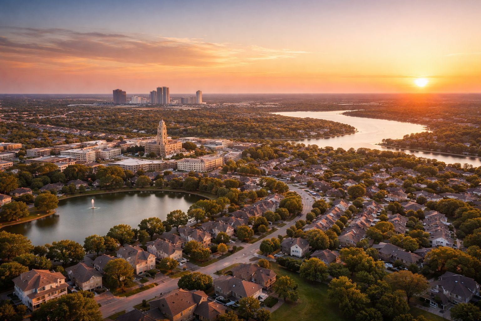 Aerial view of Denton County, Texas, showing Denton,n Lewisville, Flower Mound, and surrounding communities