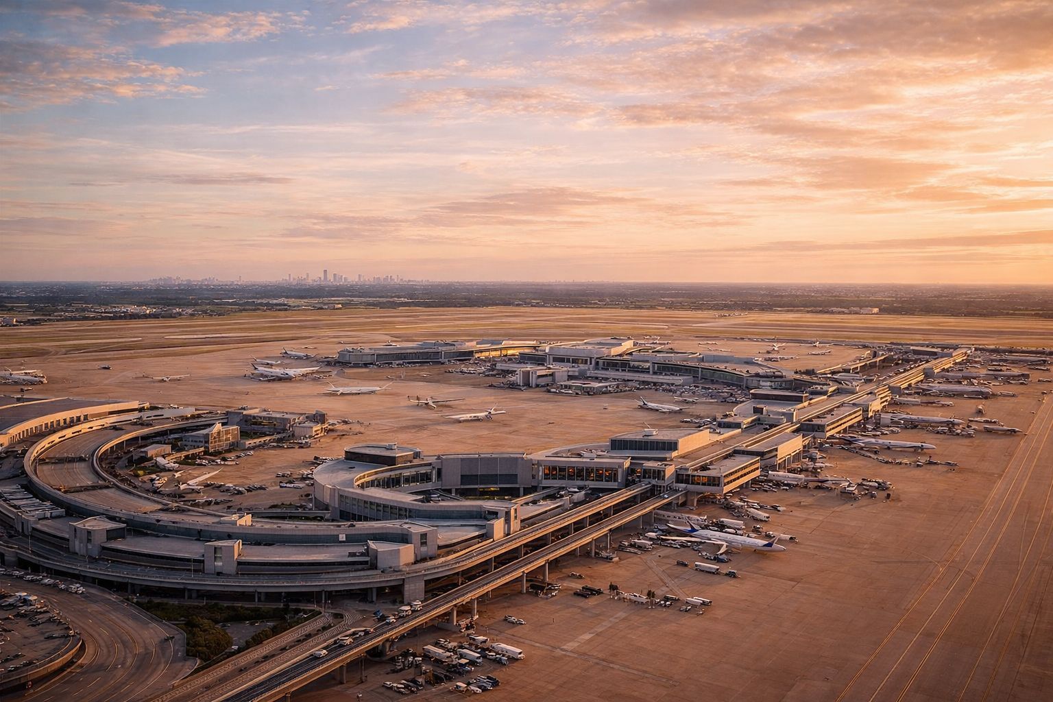 Fingerprinting services near DFW Airport, TX, with airport terminal and skyline view