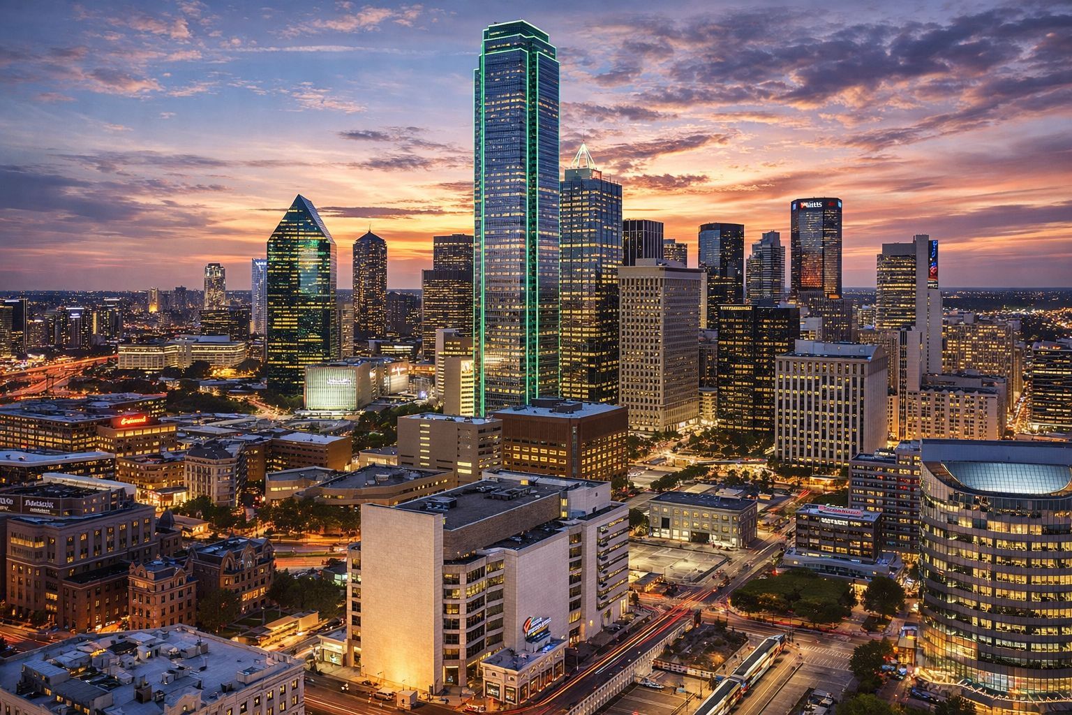 Downtown Dallas skyline with skyscrapers representing a high-traffic fingerprinting service area
