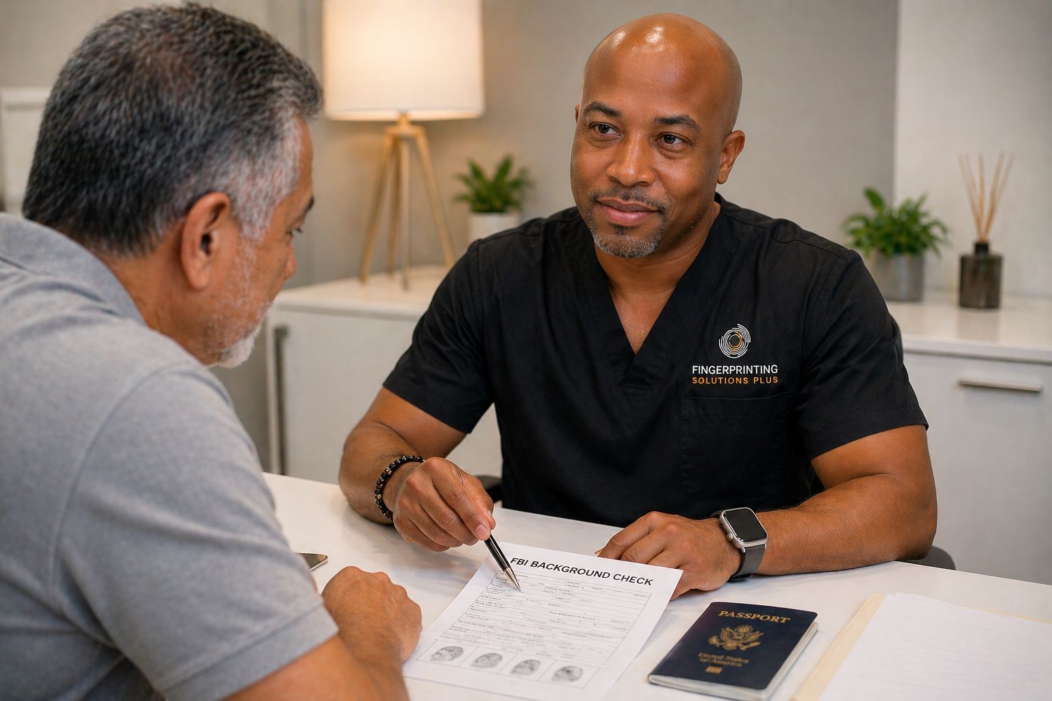 FBI background check consultation in Frisco, Texas, with a technician guiding the client