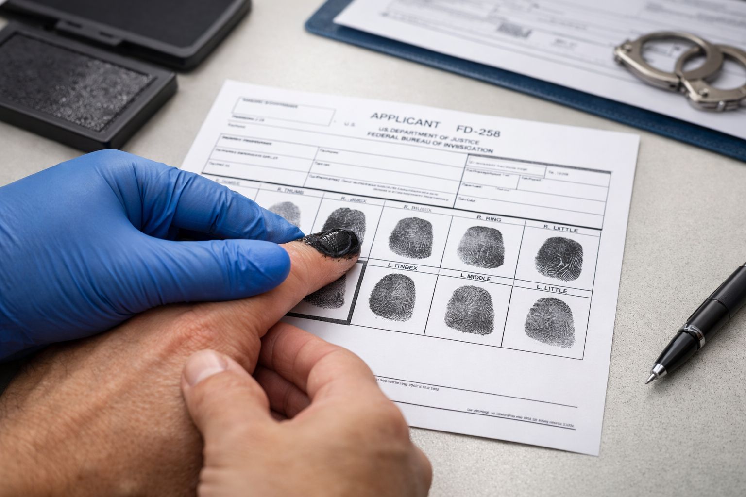 Technician rolling fingerprints onto an FD-258 fingerprint card for an FBI background check

