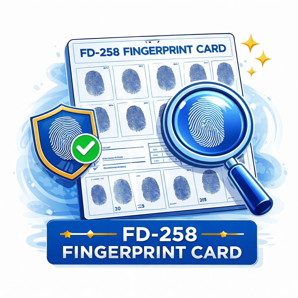 A magnifying glass focused on an FD-258 fingerprint card, with a blue shield icon featuring a green checkmark.