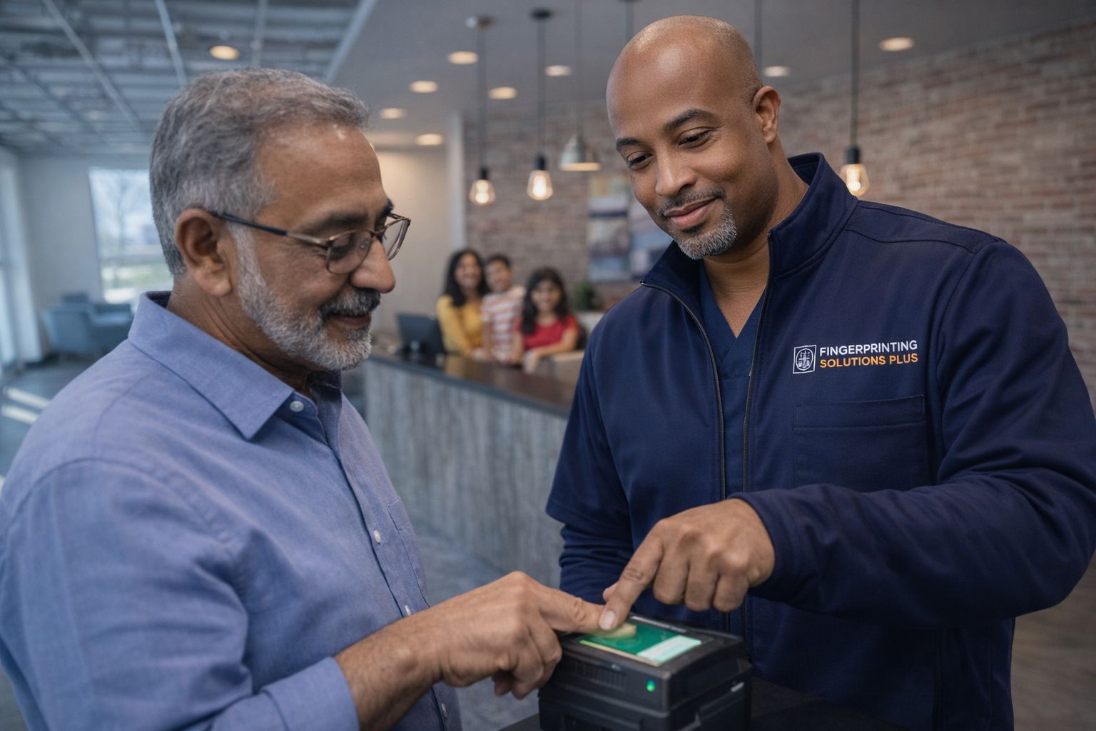 Two people at a counter using a fingerprint scanner, with others waiting in the background.