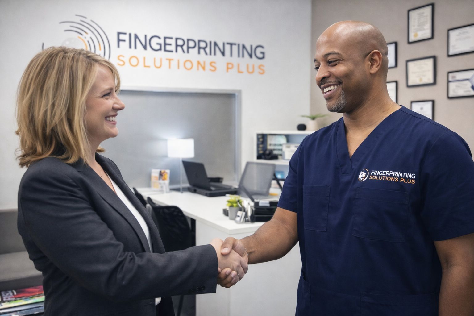 Fingerprinting technician shaking hands with a satisfied client in the Frisco, Texas office
