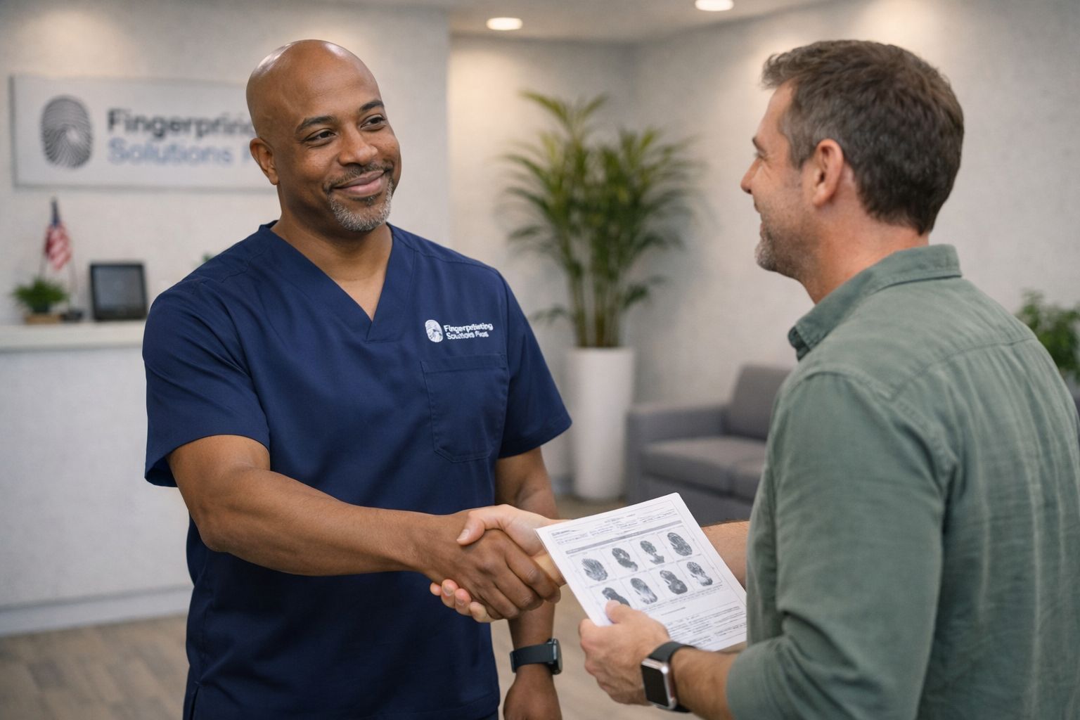 Client showing a rejected fingerprint card during consultation in Frisco, Texas