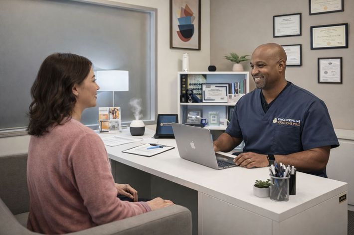 A medical professional sitting at a desk and smiling while speaking with a patient during a consultation in an office.