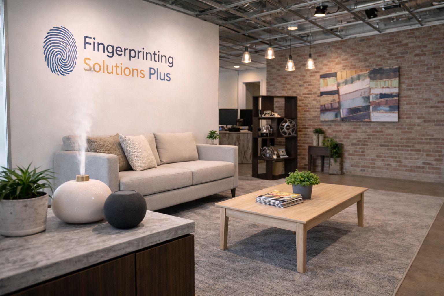 Modern fingerprinting office waiting area in Frisco, Texas