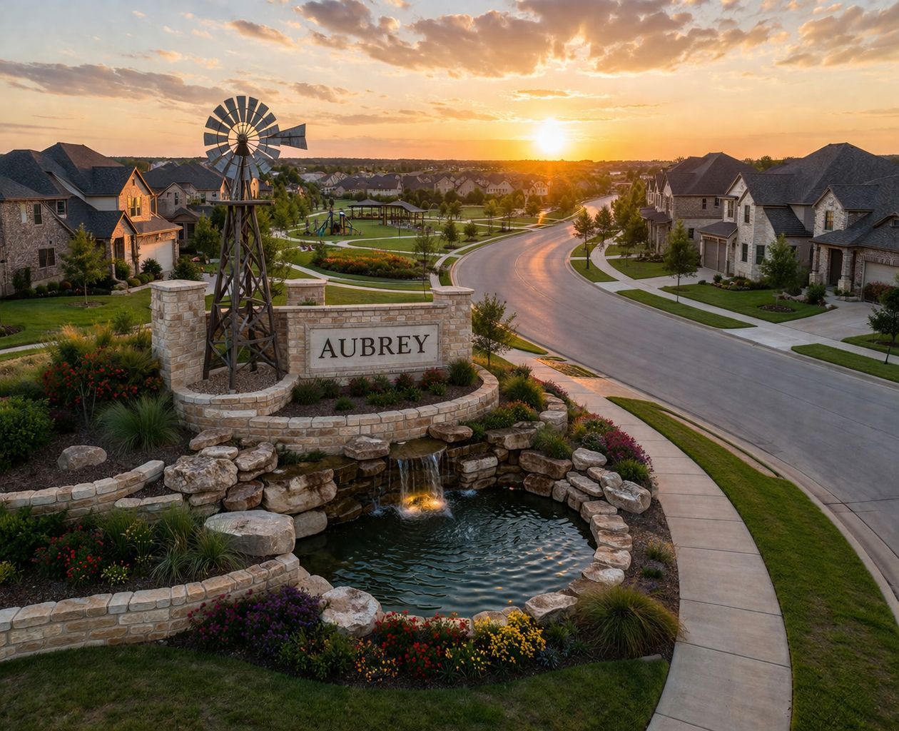 Aubrey, Texas, community entrance sign and neighborhood representing the local fingerprinting service area