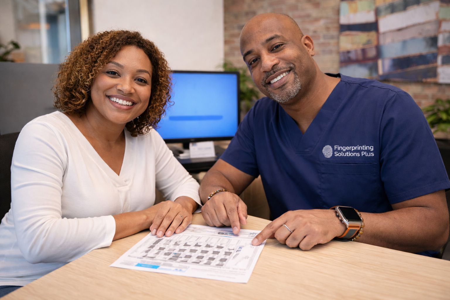 Fingerprint technician guiding client through the accurate fingerprint process in Frisco, Texas