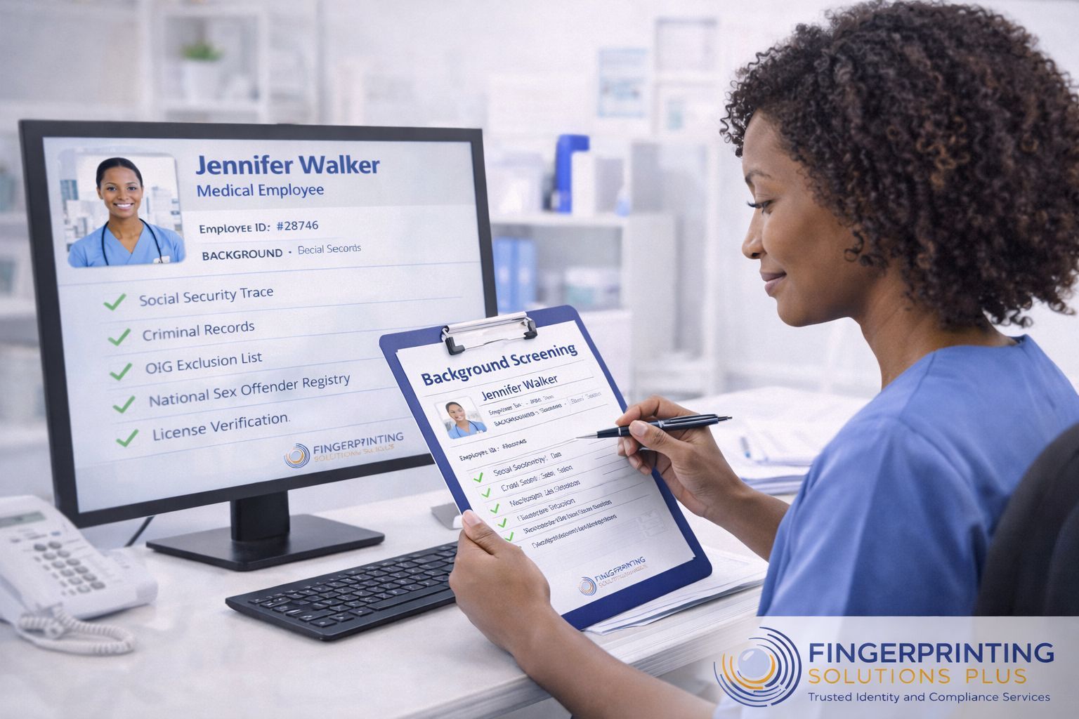 Healthcare HR manager reviewing background screening for a medical employee