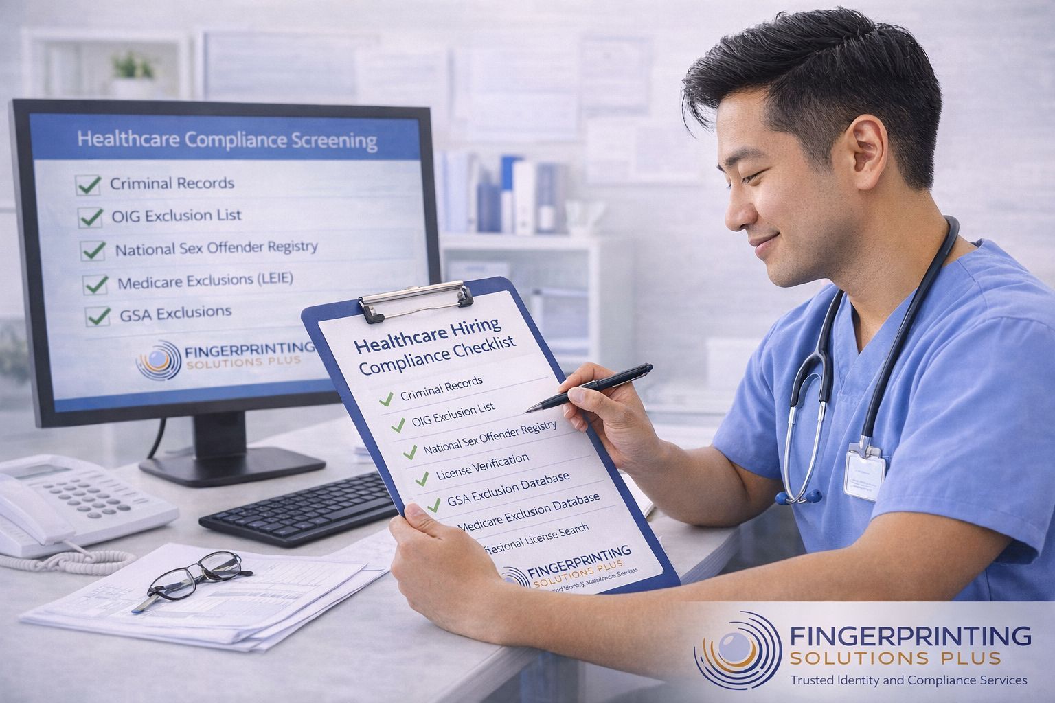 Healthcare compliance officer reviewing hiring compliance checklist