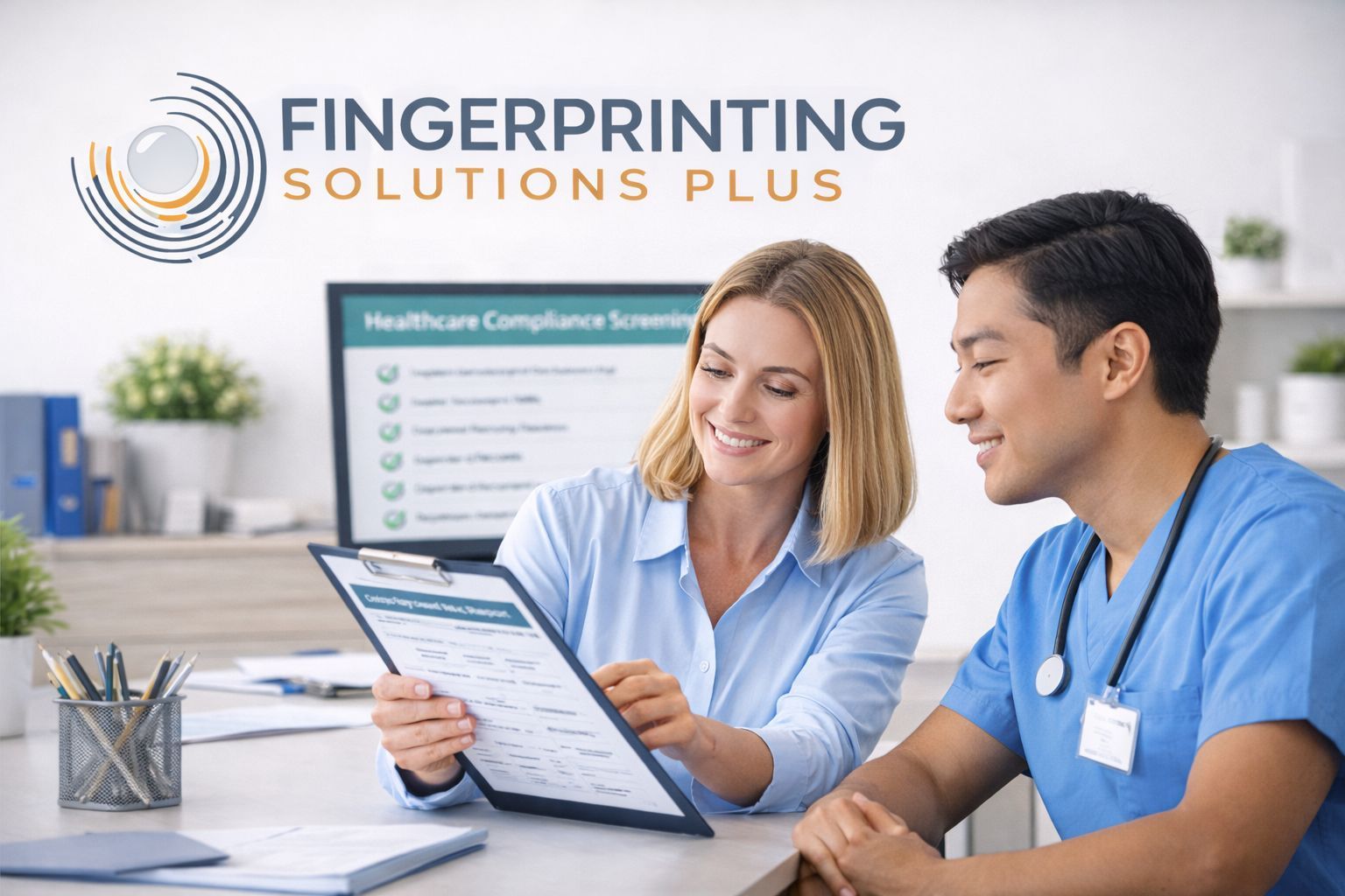 Healthcare hiring manager reviewing employee background screening results.