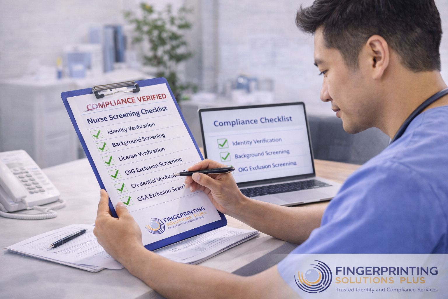 Healthcare staffing compliance officer reviewing nurse screening checklist