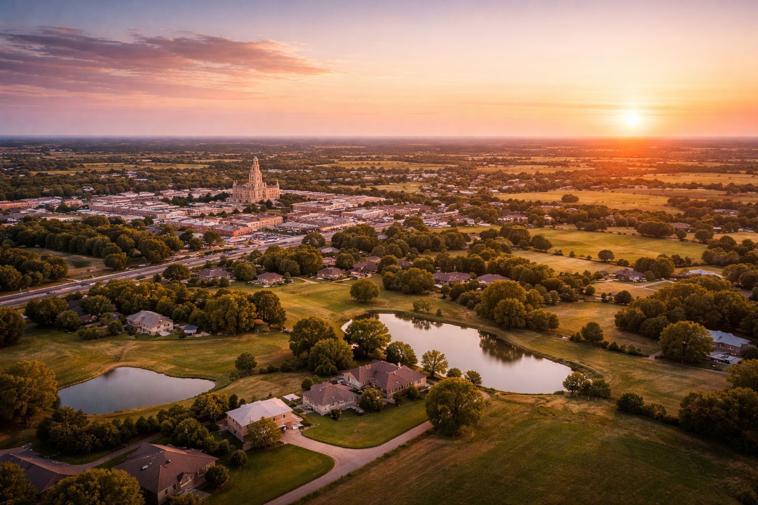 Small town main street in Hunt County, TX, with local businesses and traffic