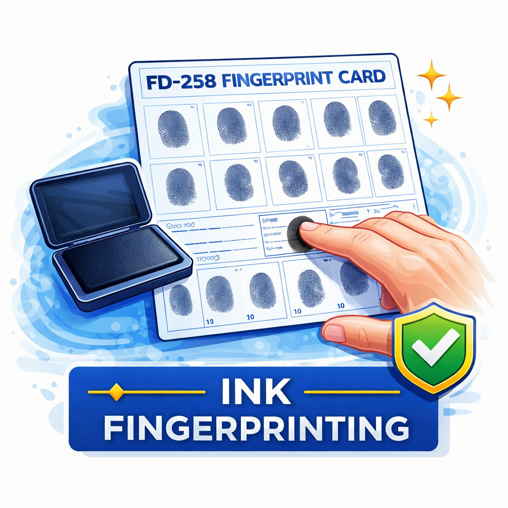 Ink fingerprinting on an FD-258 fingerprint card for background checks in Frisco, Texas, or anywhere in DFW