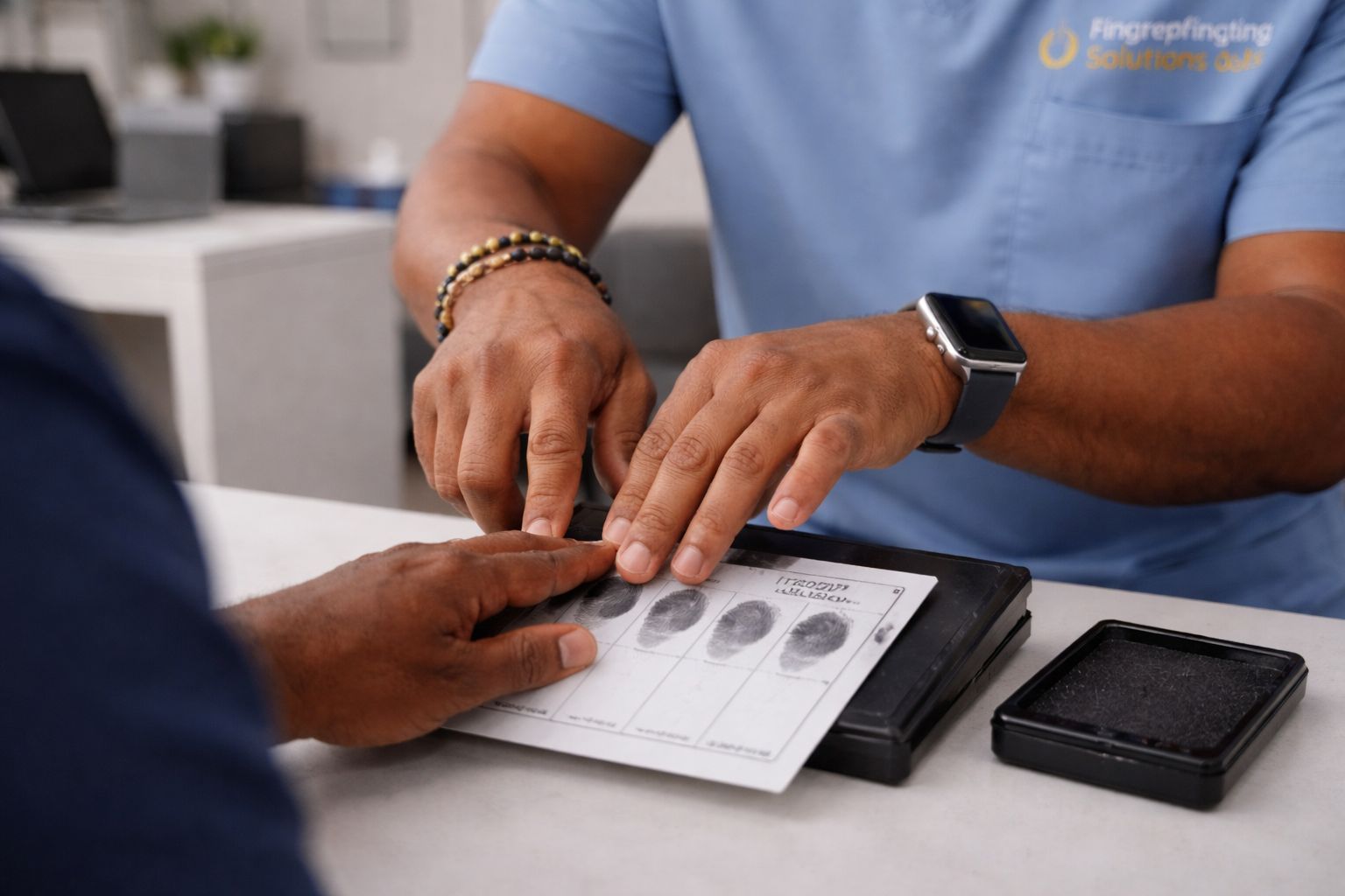 Technician demonstrating proper ink fingerprinting technique
