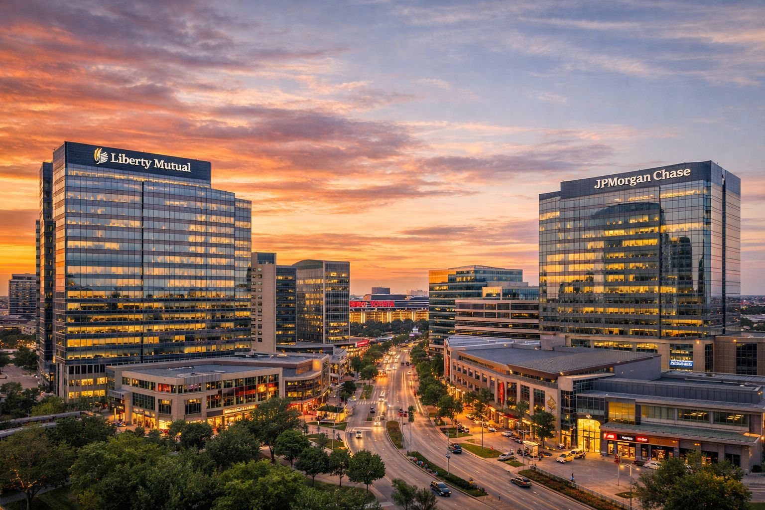 Legacy West Plano corporate district with modern offices representing the fingerprinting service area