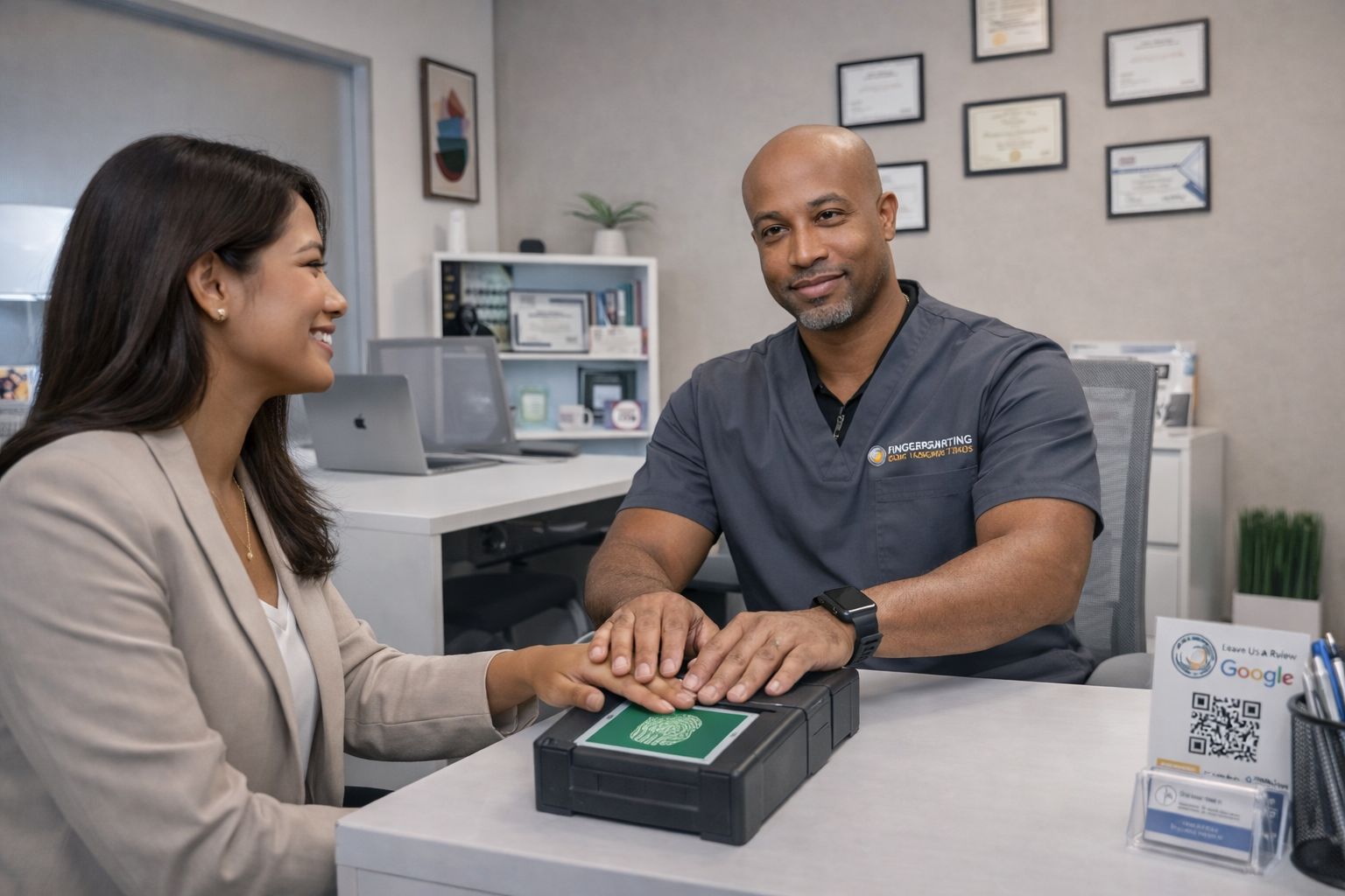 A professional places their hand over a person's hand on a fingerprint scanner in an office setting.