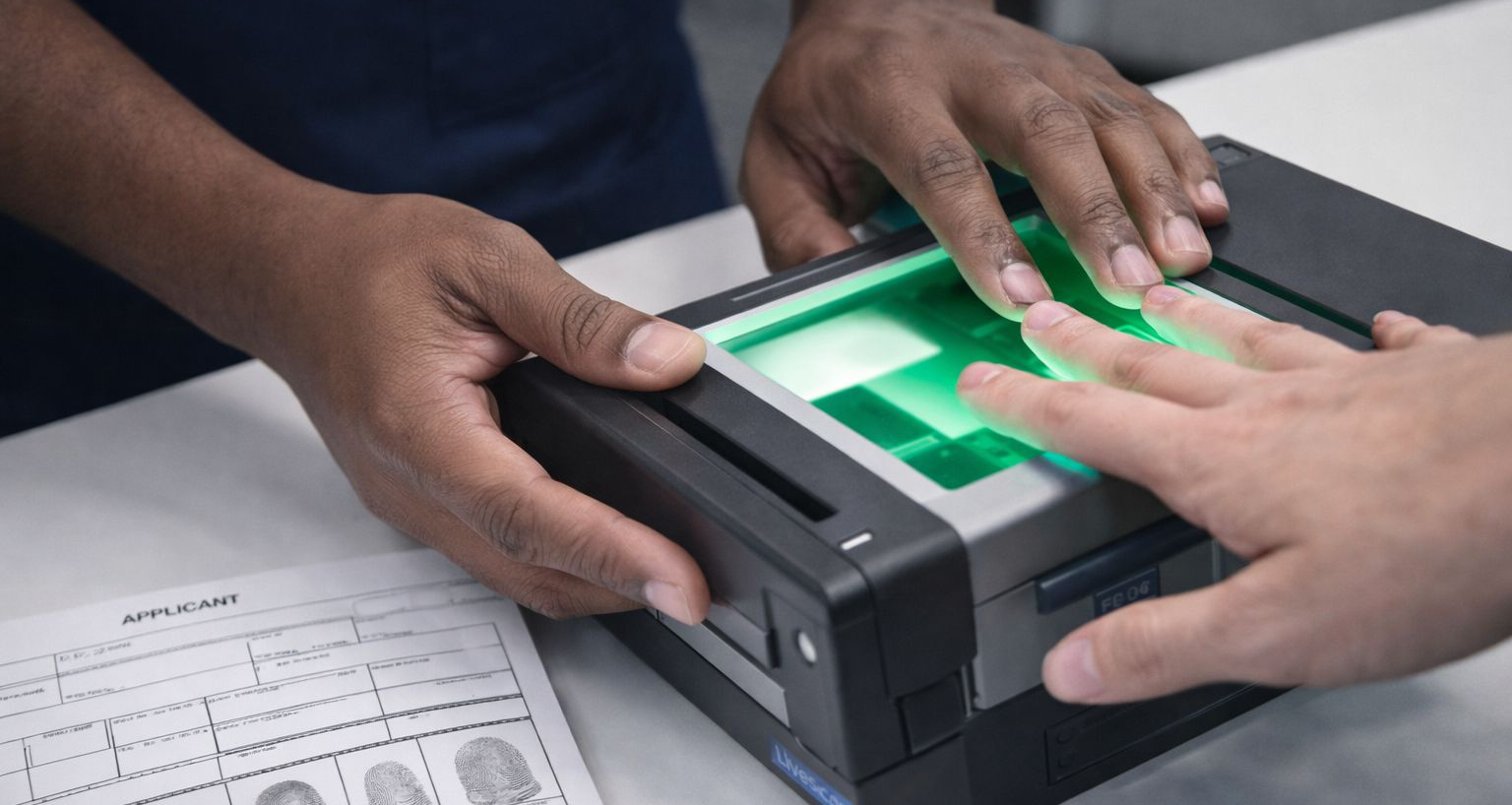 Close-up of the fingerprint scanning process using a live scan device in Dallas-Fort Worth