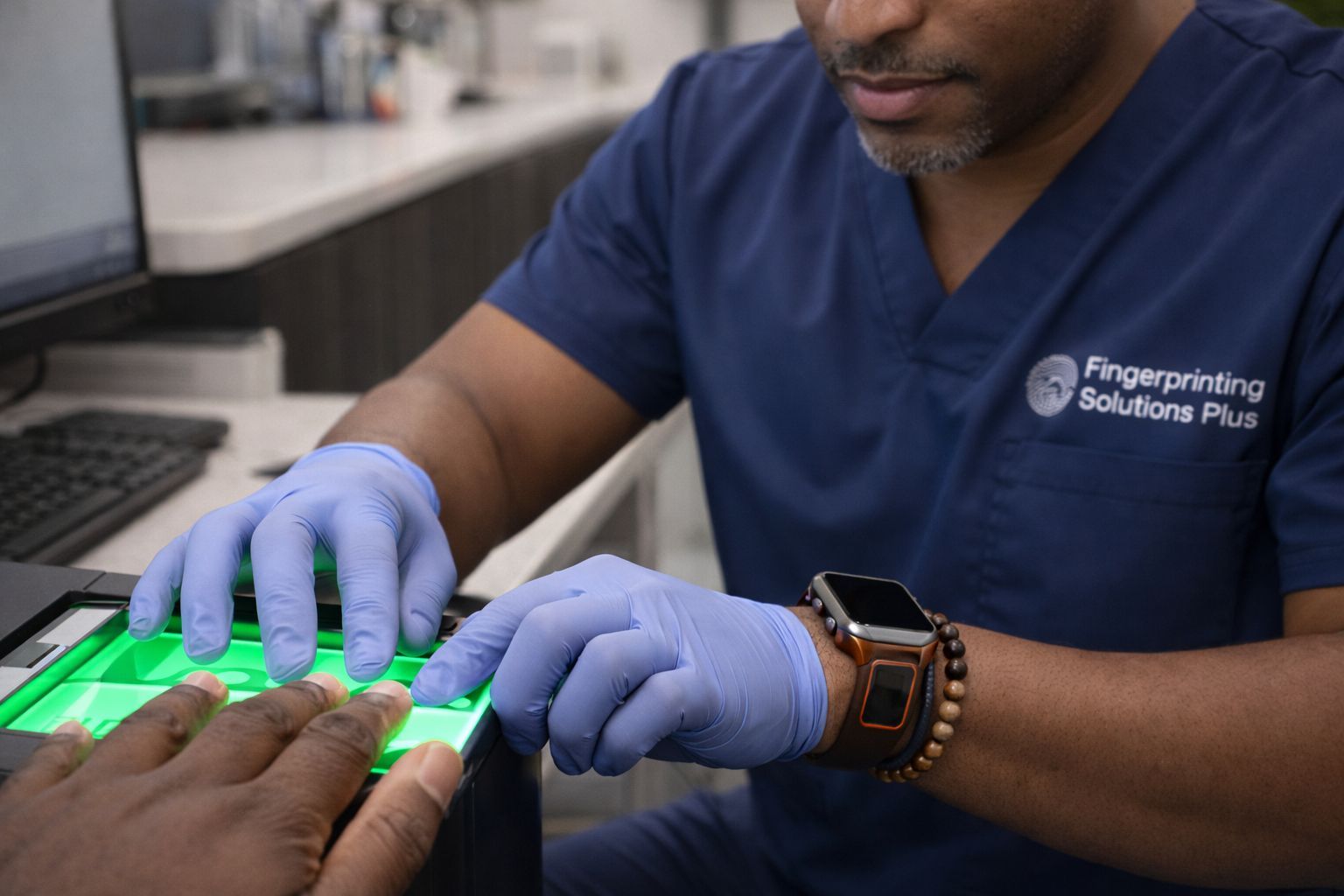 Technician demonstrating proper fingerprint technique in DFW