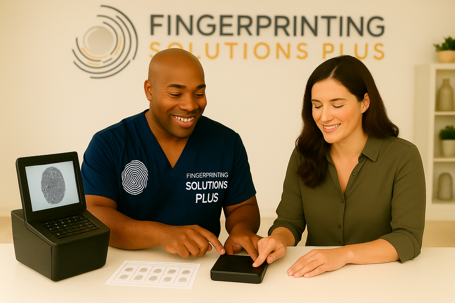 A client with hands placed on a glass digital scanner while a fingerprinting technician watches a computer screen to confirm successful capture. Sleek tech in a modern workspace.