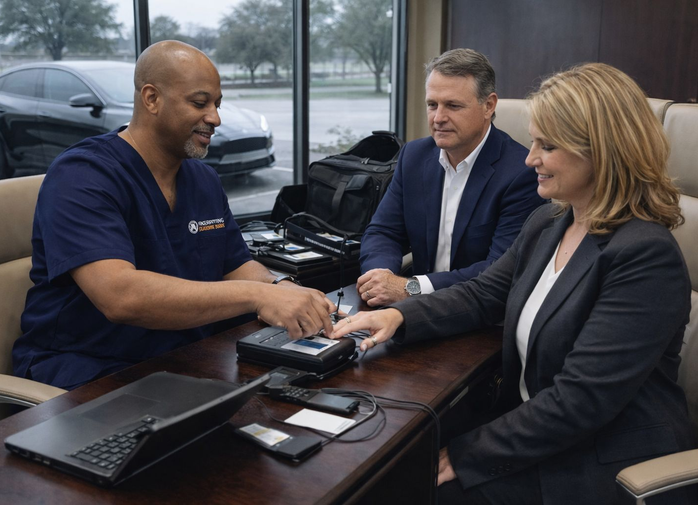 Mobile fingerprinting technician assisting clients in the executive boardroom with Tesla outside