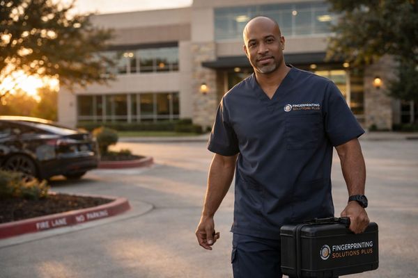 Mobile fingerprinting technician arriving at client location in Frisco, TX