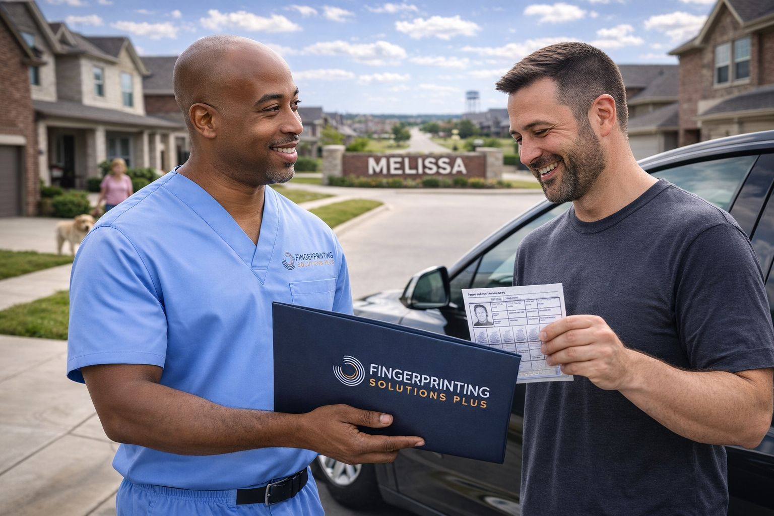 Mobile fingerprinting service in Melissa, TX, with a technician providing fingerprint cards to a satisfied client