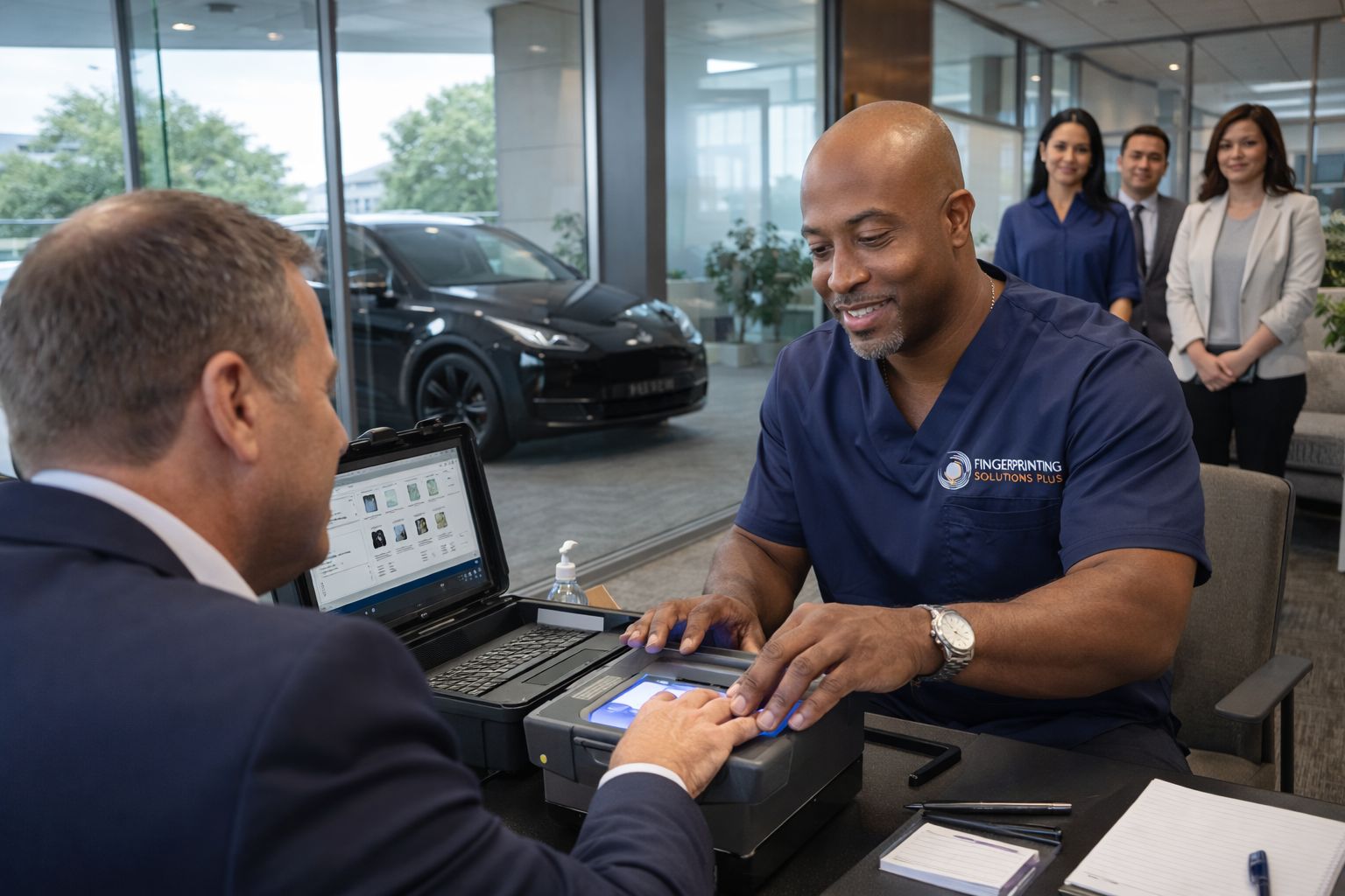 Mobile Fingerprinting Solutions Plus technician assisting a CEO during an on-site corporate fingerprinting appointment
