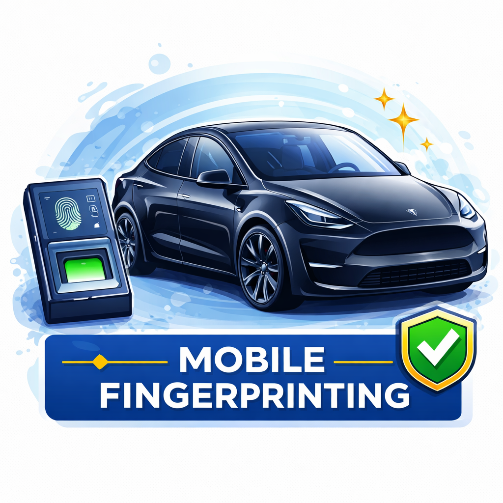 Mobile fingerprinting service with a black Tesla Model Y providing on-site fingerprinting in Frisco or anywhere in DFW