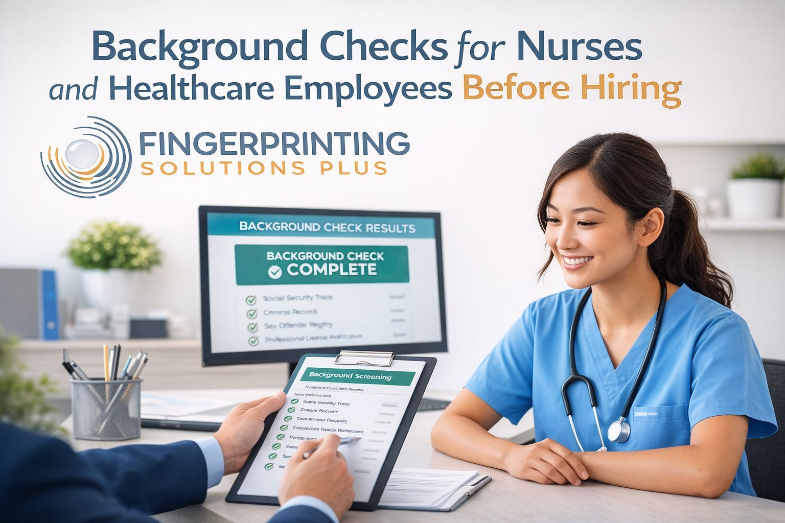 Asian nurse undergoing healthcare background screening before hiring