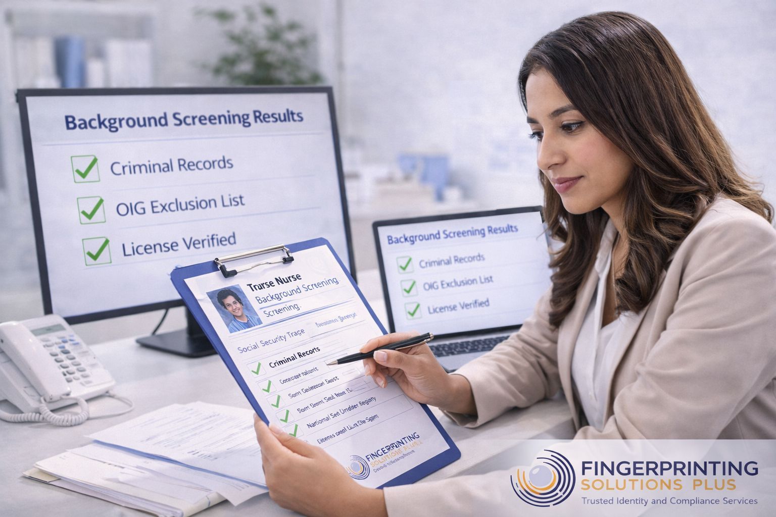 Healthcare recruiter reviewing background screening results for a nurse candidate