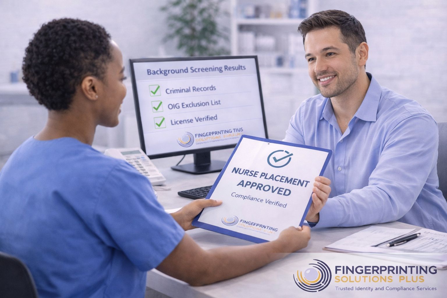Healthcare recruiter approving nurse placement after background screening and compliance verification